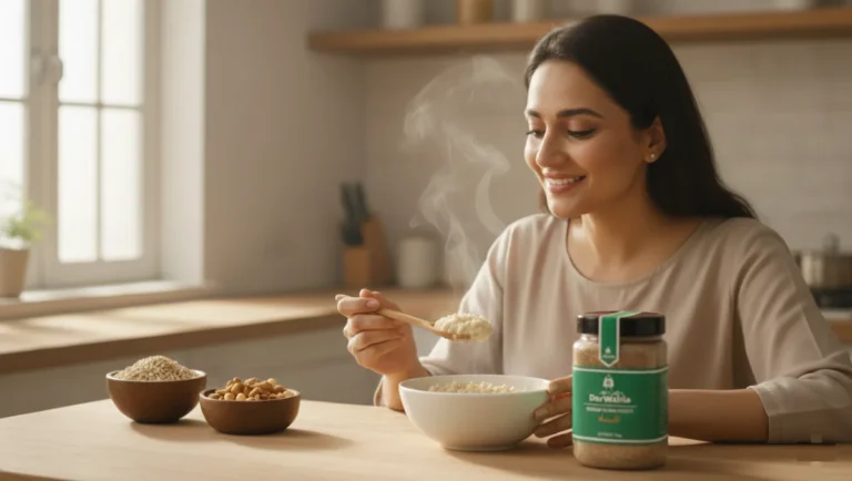 woman-eating-darwahla-talbina-for-weight-loss-and-smiling-for-a-fit-lifestyle