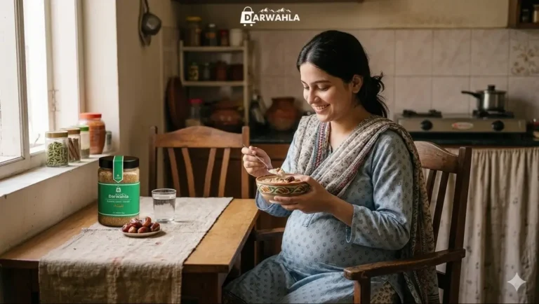 woman happily eating after knowing Darwahla talbina benefits during pregnancy