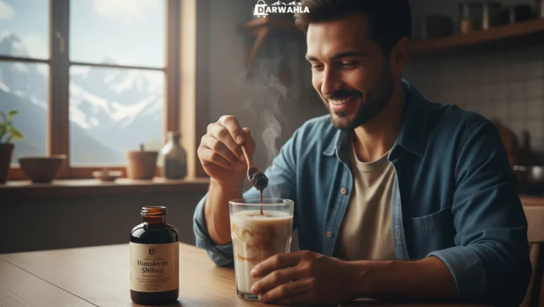 ایک-خوش-باش-آدمی-دودھ-میں-خالص- سلاجیت-مل- رہا-ہے۔