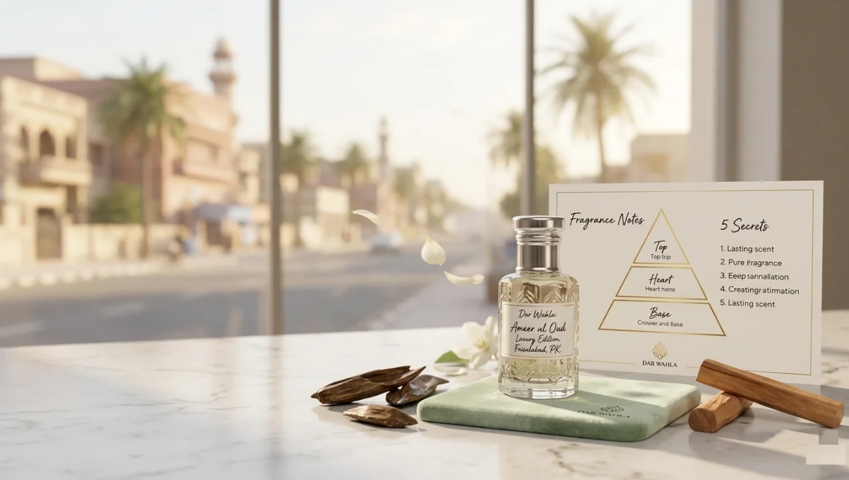 Luxury perfume bottle with fragrance notes infographic on marble table.