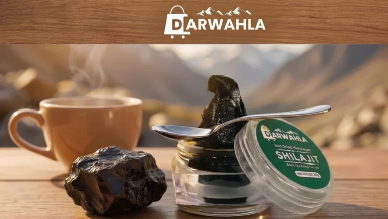 bottle of Darwahla mountain shilajit for erectile dysfunction improvement with spoon and tea cup
