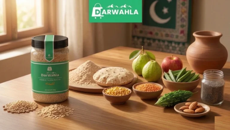 fiber rich foods in Pakistan, Talbina, whole wheat, chana & masoor dal, guava, apple, bhindi, karela, almonds, and chia seeds placed on table.