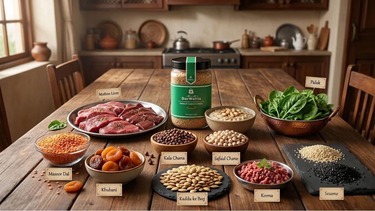 iron rich foods in Pakistan like Darwahla Talbina, Mutton Liver, Split Red Lentils (Masoor Dal), Fresh Spinach (Palak), White Chickpeas (Safaid Chane), Dried Apricots (Khubani), Black Desi Chickpeas (Kala Chana), Pumpkin Seeds (Kaddu ke Beej), Beef Mince (Keema), Sesame Seeds (Til)