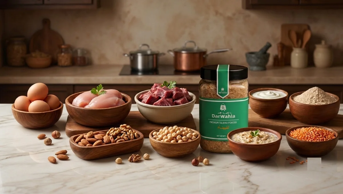 Phosphorus rich foods, Talbina, eggs, chicken, meat, yogurt, wheat, nuts, chickpeas, daal, and milk on table