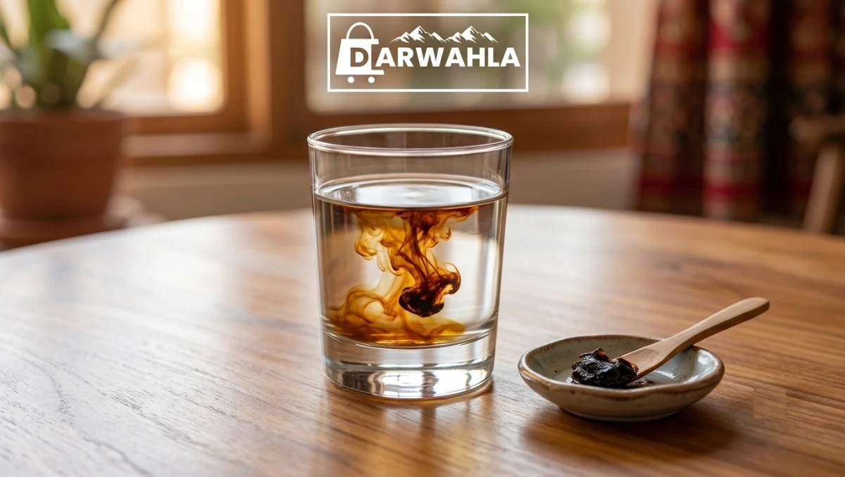 Shilajit dissolving in water, releasing natural, potent swirls to show humic acid benefits