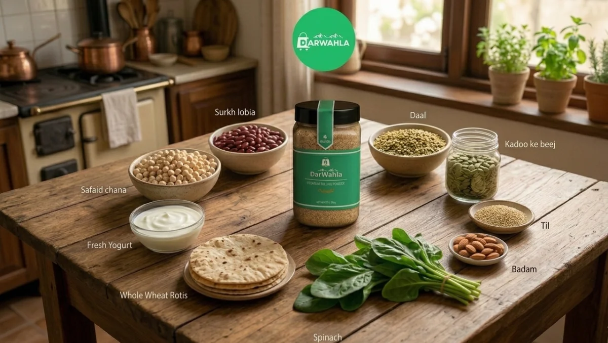 Top zinc rich foods for vegetarians in Pakistan Talbina, chickpeas, pumpkin seeds, lentils, sesame, almonds, spinach, wheat, yogurt & kidney beans placing on table.