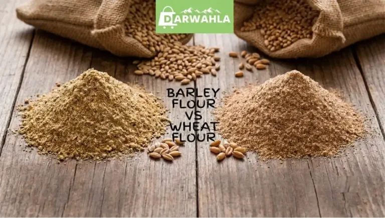 Two distinct piles of flour labeled barley flour vs wheat flour to know the differences