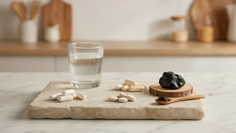 water glass, and natural shilajit, Magnesium supplements in Pakistan on stone.