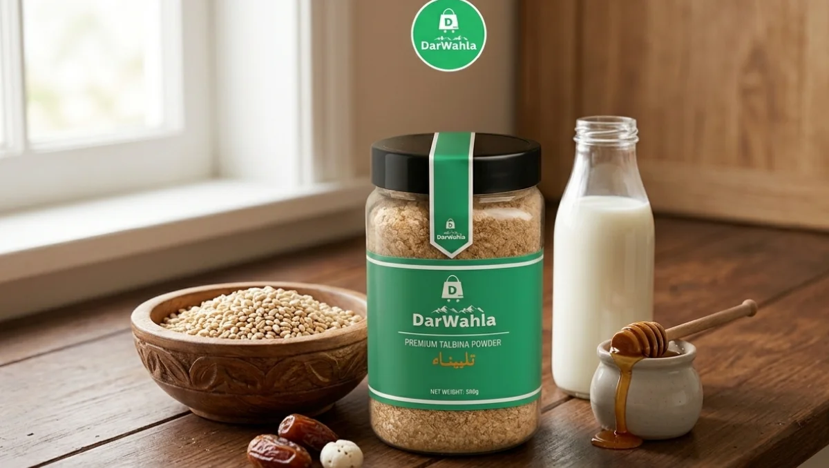 A clean kitchen scene showing talbina ingredients alongside the bottle